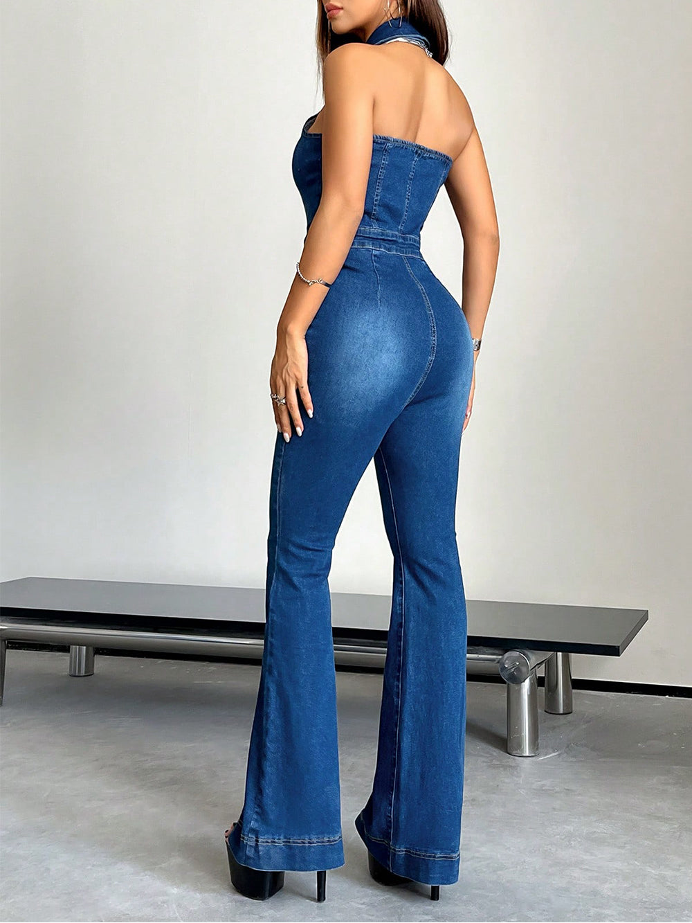 Denim Halter Jumpsuit with Zip-Up and Flared Legs