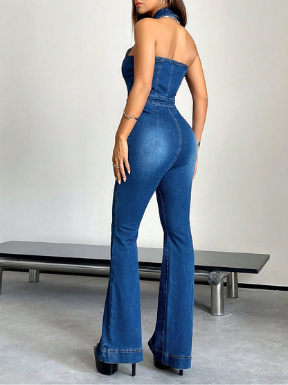 Denim Halter Jumpsuit with Zip-Up and Flared Legs