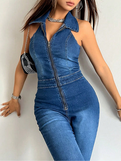 Denim Halter Jumpsuit with Zip-Up and Flared Legs
