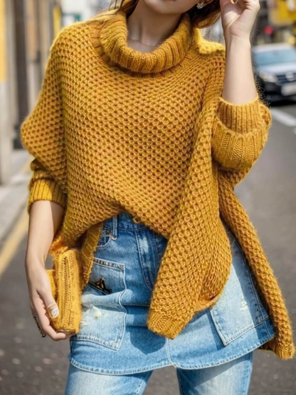 Solid Turtleneck Sweater with Dolman Sleeves
