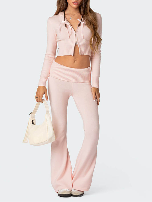 Ruched Crop Top with Flared Leg Pants Ensemble