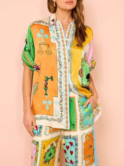 Unique Print Wide Leg Pants Set with Elastic Waist and Pockets - Perfect for Summer Fun!