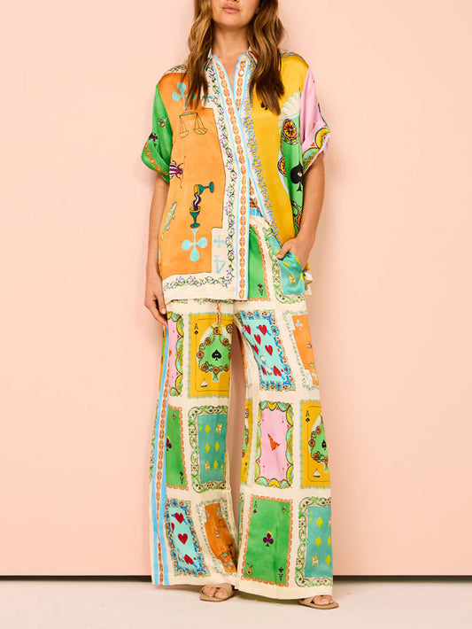 Unique Print Wide Leg Pants Set with Elastic Waist and Pockets - Perfect for Summer Fun!