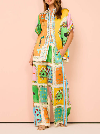 Unique Print Wide Leg Pants Set with Elastic Waist and Pockets - Perfect for Summer Fun!