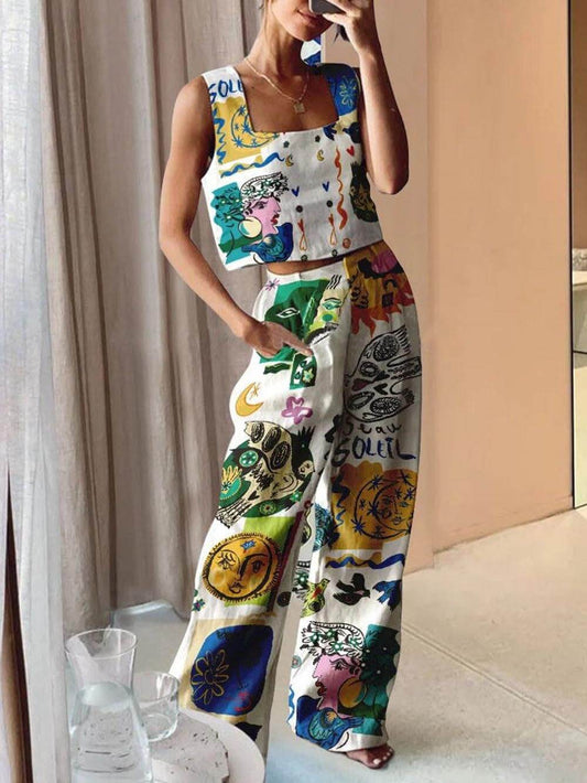 Distinctive Print Tank Top with Elastic Waist Pocketed Pants Set