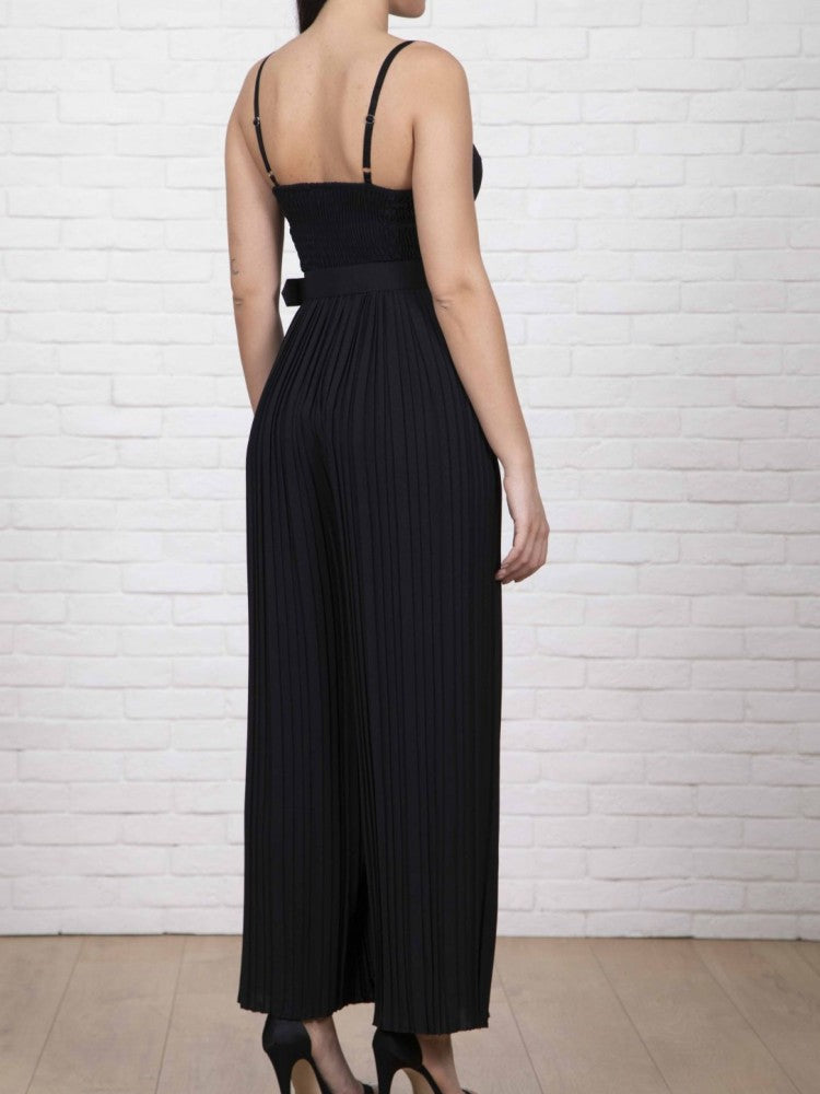 Black Strappy Jumpsuit with Wide Leg Pleats