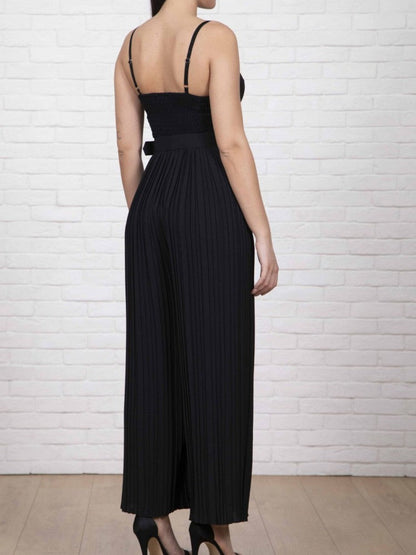 Black Strappy Jumpsuit with Wide Leg Pleats