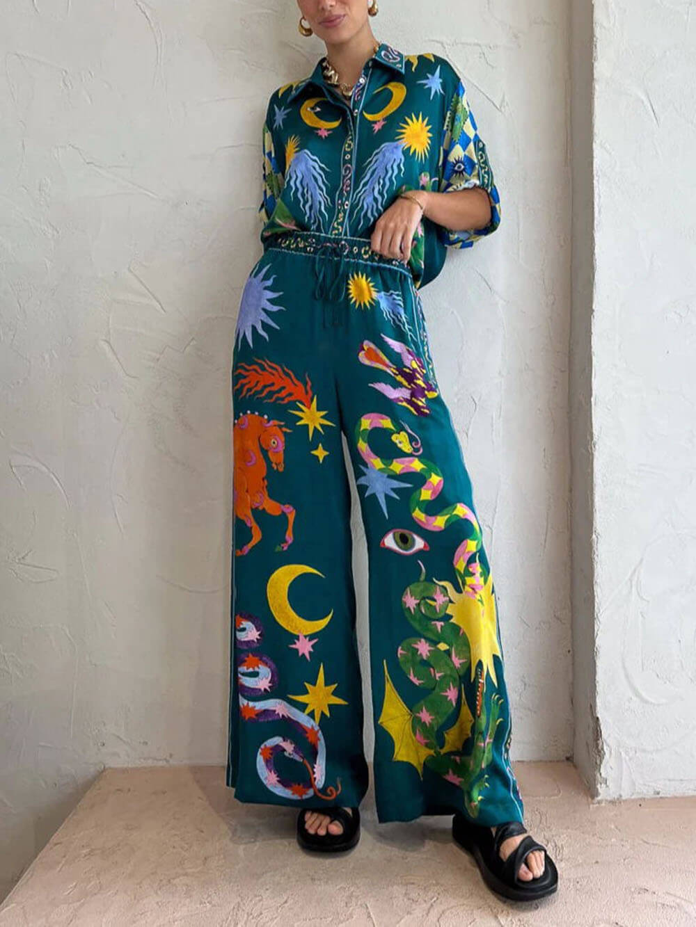 Distinctive Printed Wide Leg Pants Set with Elastic Waist and Pockets