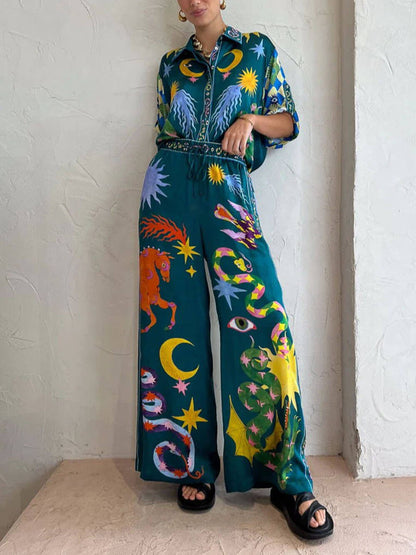 Distinctive Printed Wide Leg Pants Set with Elastic Waist and Pockets