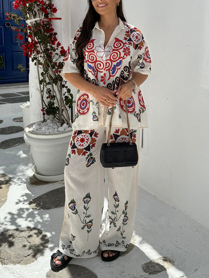 Distinctive Ethnic Floral Print Wide Leg Pants Set with Elastic Waist and Pockets
