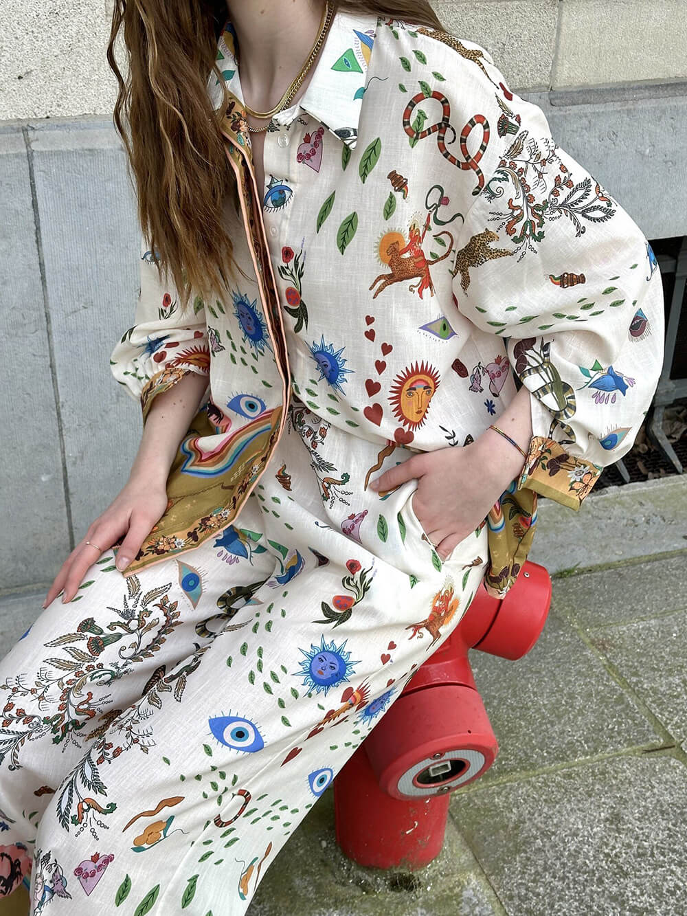 Ethnic Print Loose-Fit Pants Set with Elastic Waist