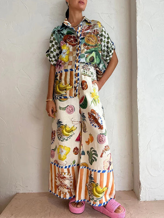 Vibrant Fruit Print Casual Two-Piece Outfit