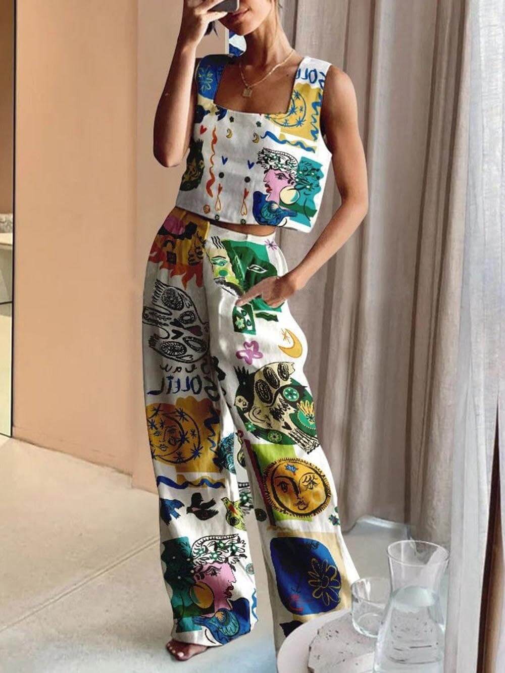 Distinctive Print Tank Top with Elastic Waist Pocketed Pants Set