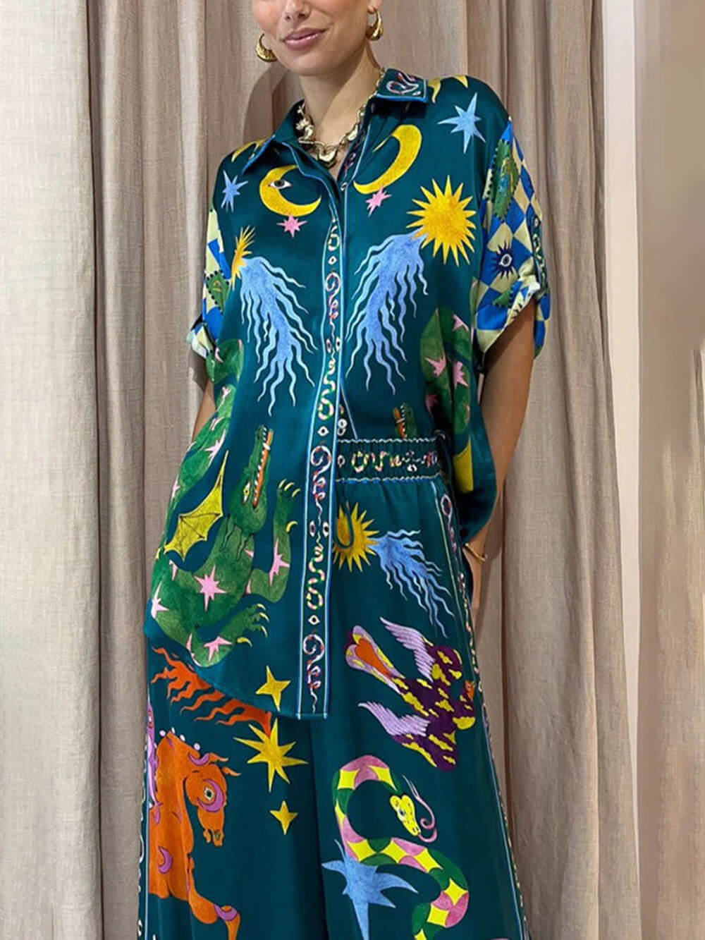 Distinctive Printed Wide Leg Pants Set with Elastic Waist and Pockets