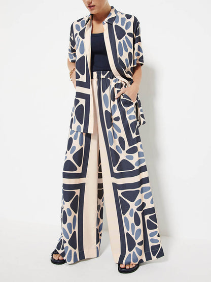 Unique Ethnic Print Loose-Fit Elastic Waist Pants Set for Summer Vacations