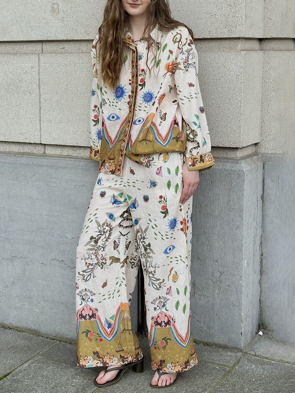 Ethnic Print Loose-Fit Pants Set with Elastic Waist
