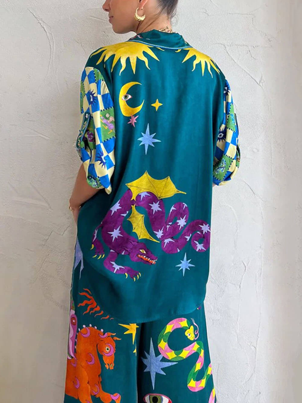 Distinctive Printed Wide Leg Pants Set with Elastic Waist and Pockets