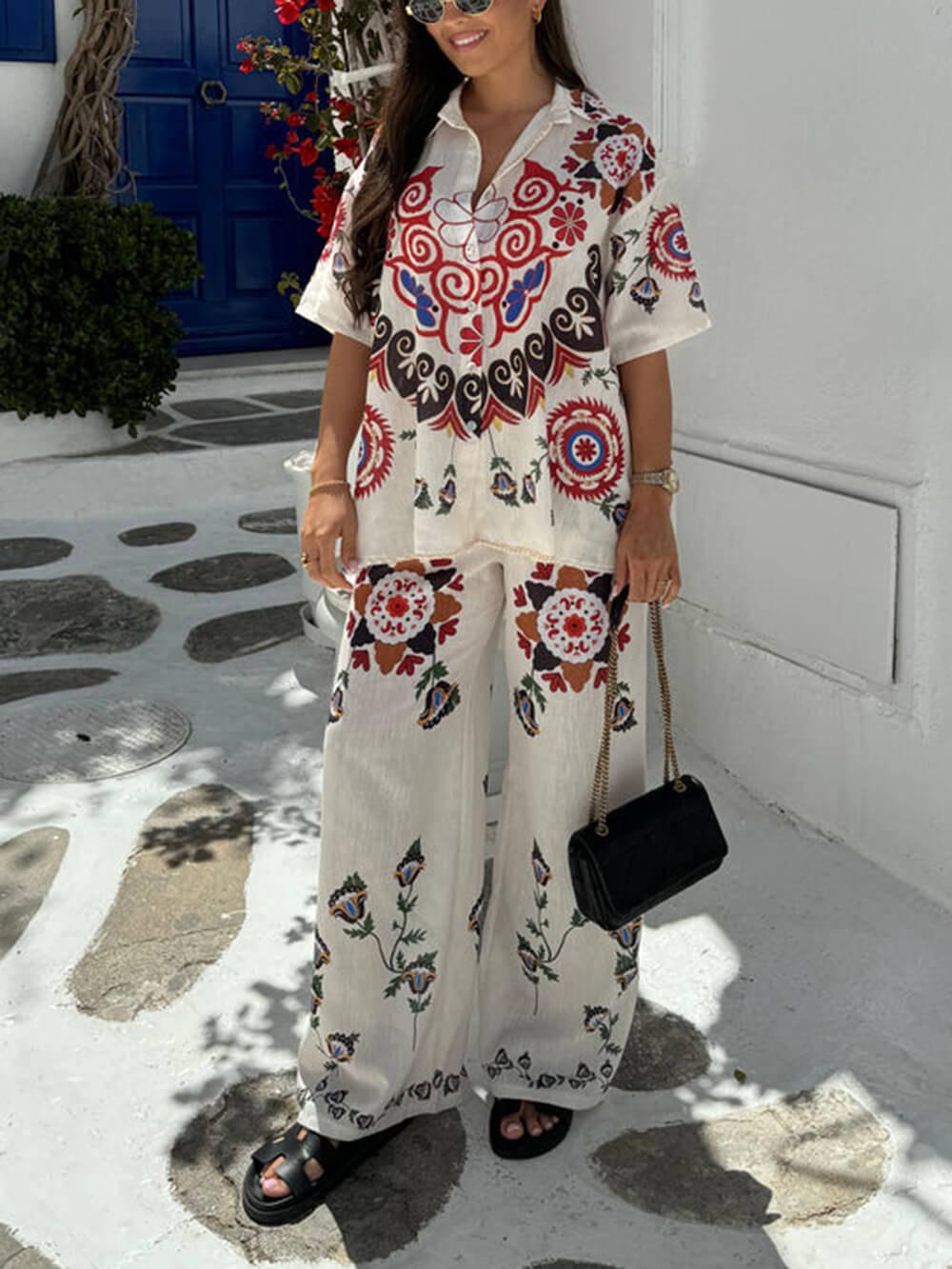 Distinctive Ethnic Floral Print Wide Leg Pants Set with Elastic Waist and Pockets