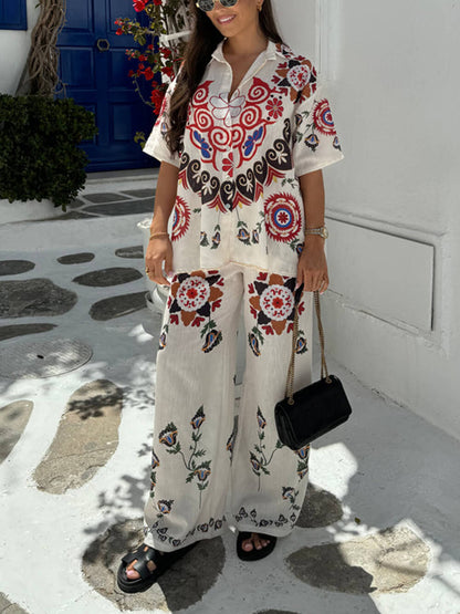 Distinctive Ethnic Floral Print Wide Leg Pants Set with Elastic Waist and Pockets