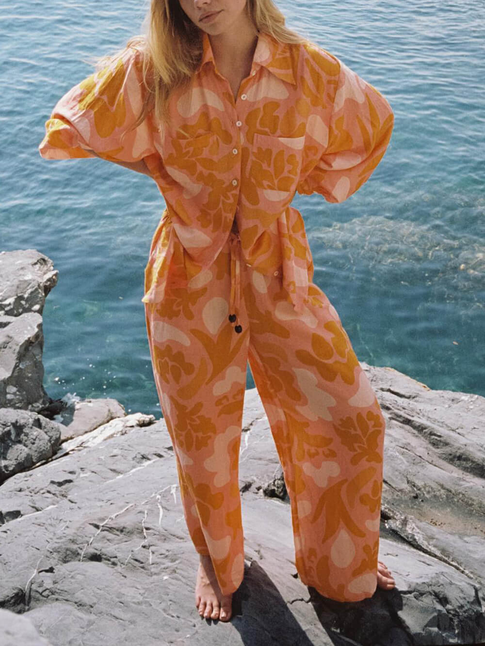 Distinctive Ethnic-Inspired Holiday Print Loose Pants Set