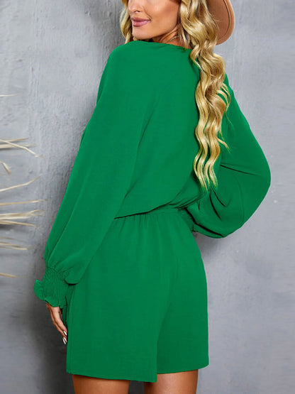 Plunge Front Tie Romper with Tied Flounce Sleeves