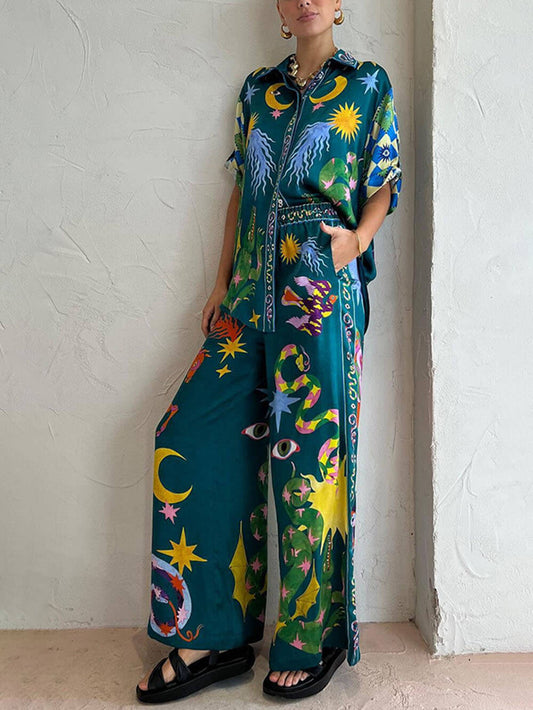 Distinctive Printed Wide Leg Pants Set with Elastic Waist and Pockets