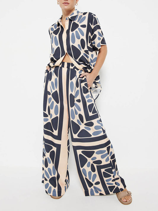 Unique Ethnic Print Loose-Fit Elastic Waist Pants Set for Summer Vacations