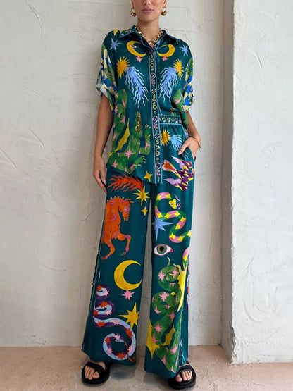Distinctive Printed Wide Leg Pants Set with Elastic Waist and Pockets