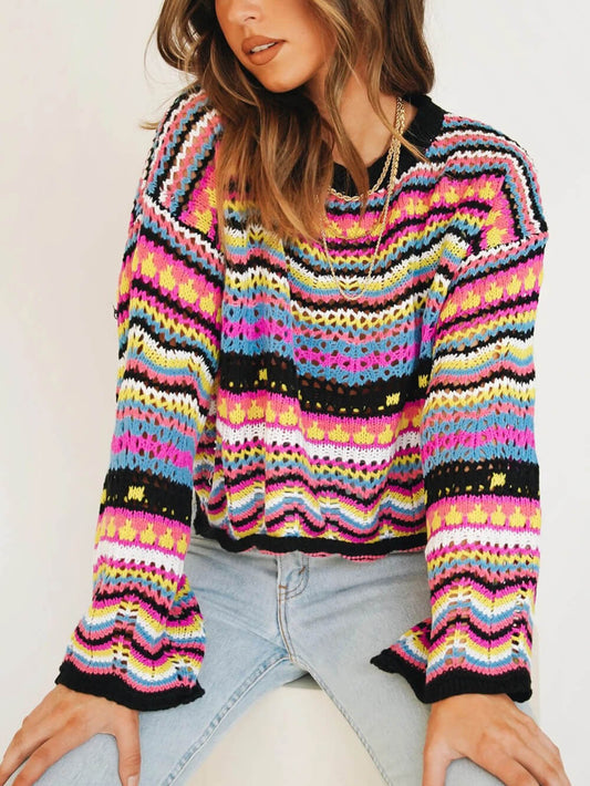 Striped Crew Neck Sweater in Mid-Tone Colors