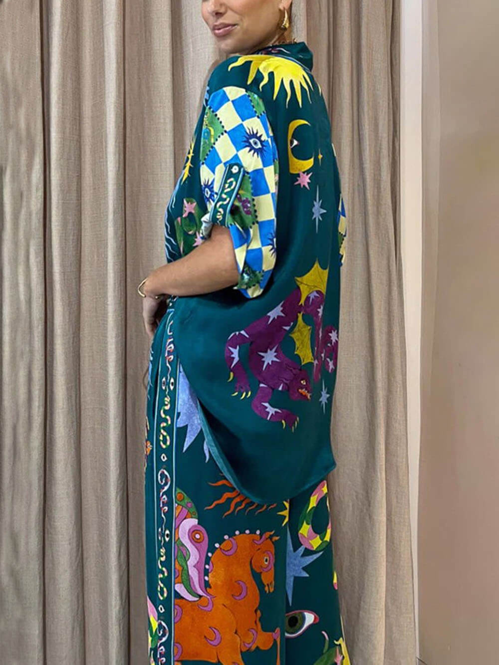 Distinctive Printed Wide Leg Pants Set with Elastic Waist and Pockets