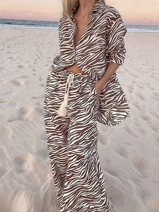 Zebra Print Wide Leg Pants Set with Button-Down Collar and Drawstring