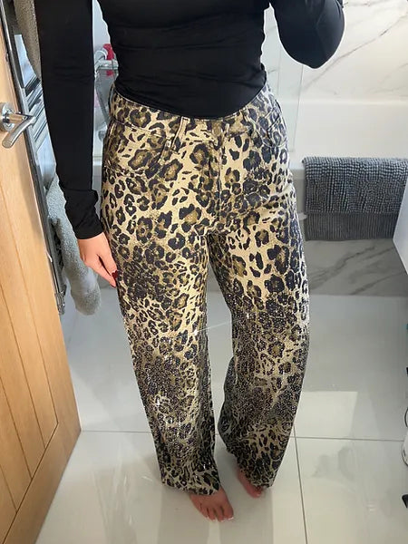 Leopard Print Flared Jeans with Diamanté Accents