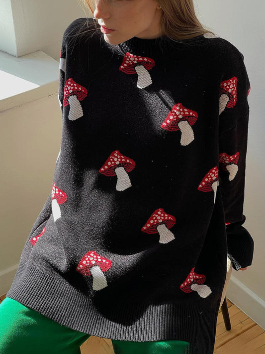 Contrast Pullover Sweater with Mushroom Print