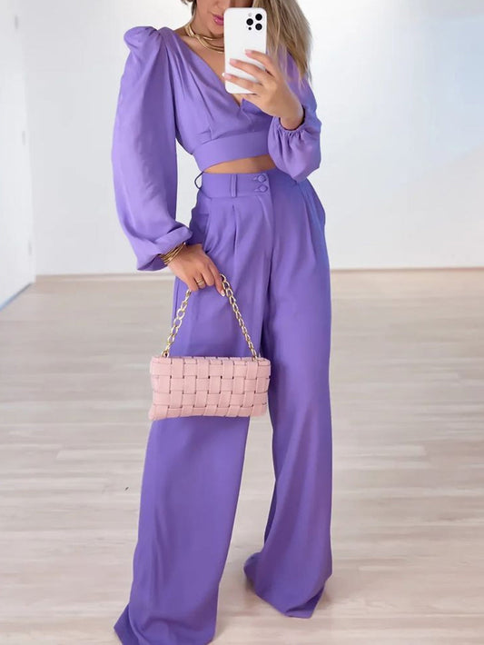 Lavender Pants Set with Plunge Neck Top
