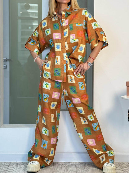 Set of Loose Wide-Leg Trousers Featuring Ethnic Botanical Floral Print