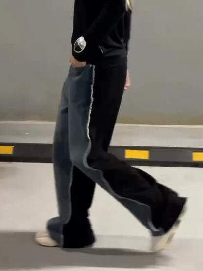Raw Edge Black Denim Patchwork Jeans