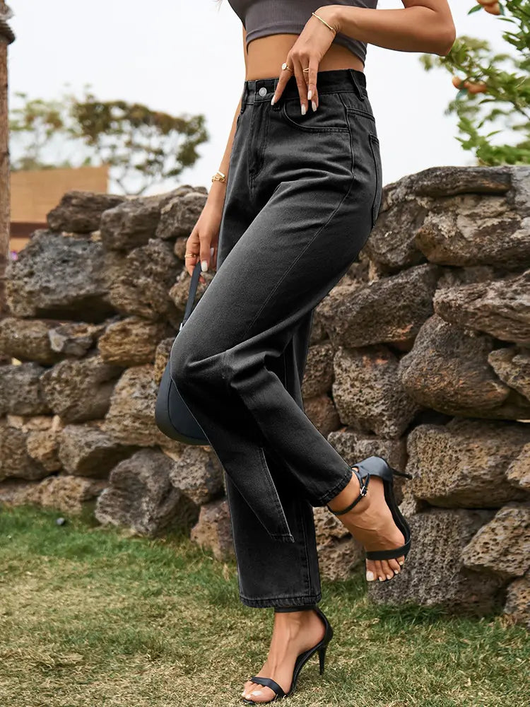 Chic Washed Denim Trousers with Trendy Split Hem