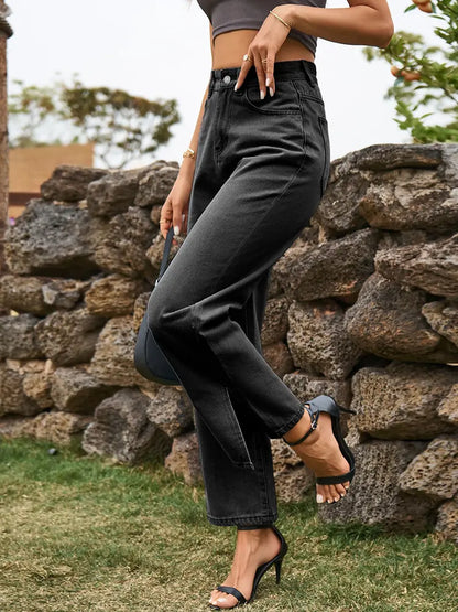 Chic Washed Denim Trousers with Trendy Split Hem