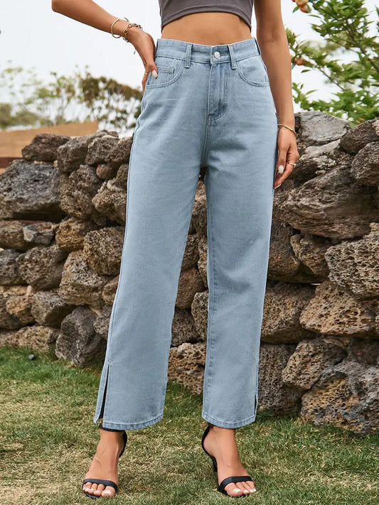 Chic Washed Denim Trousers with Trendy Split Hem