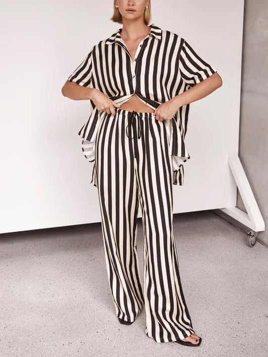 Relaxed Fit Striped Wide Leg Pants Set for Resort Wear