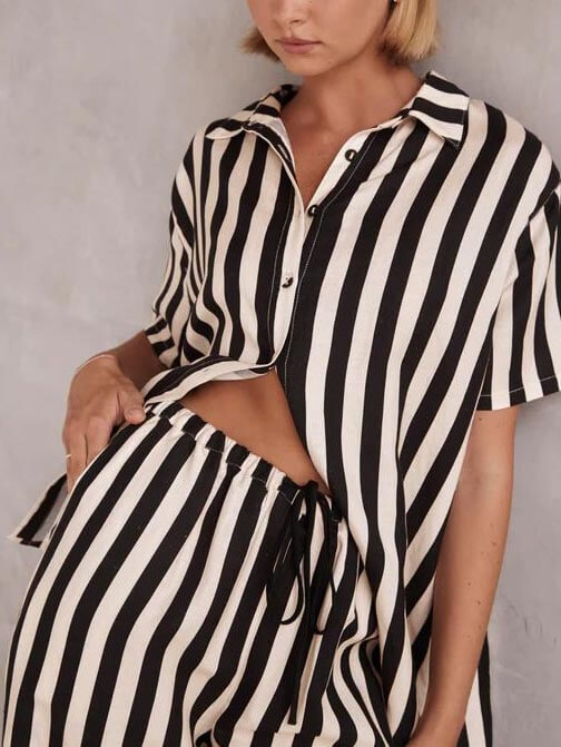 Relaxed Fit Striped Wide Leg Pants Set for Resort Wear