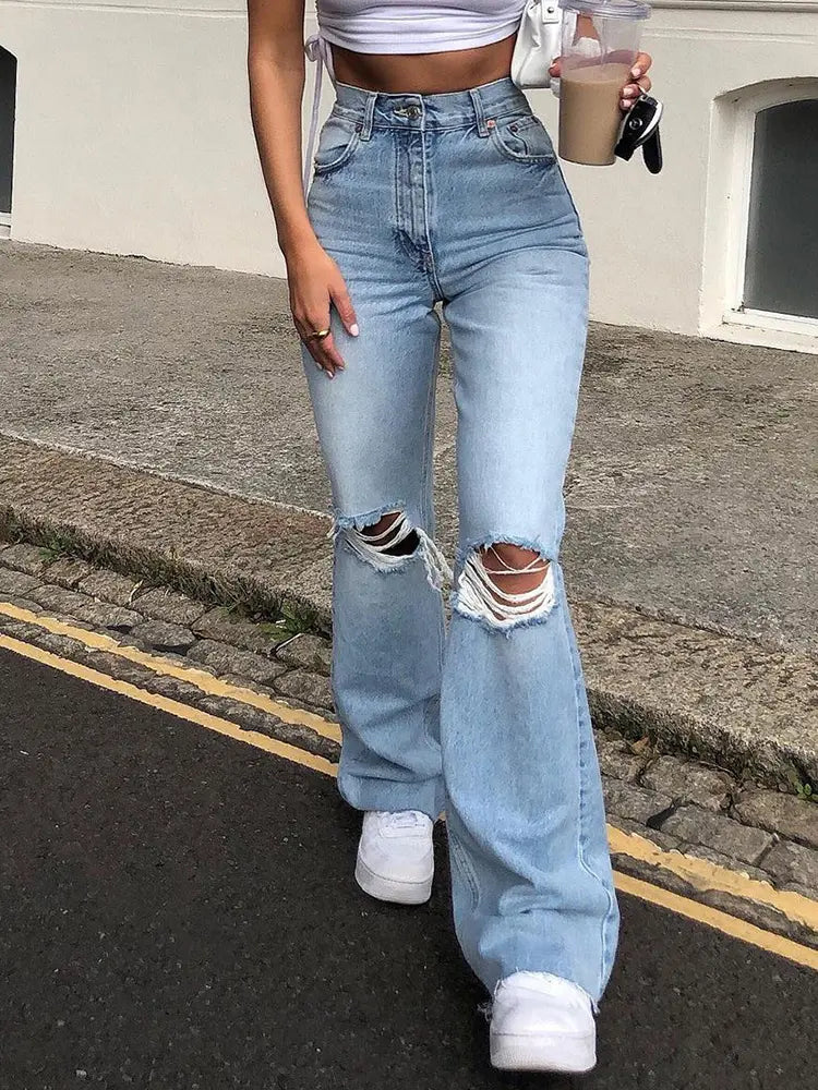 Wide-Leg Distressed Flared Jeans