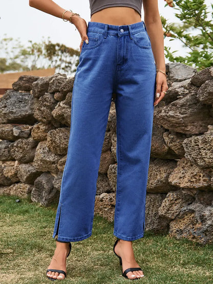 Chic Washed Denim Trousers with Trendy Split Hem