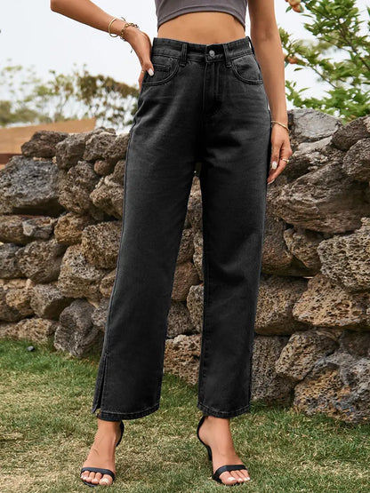 Chic Washed Denim Trousers with Trendy Split Hem
