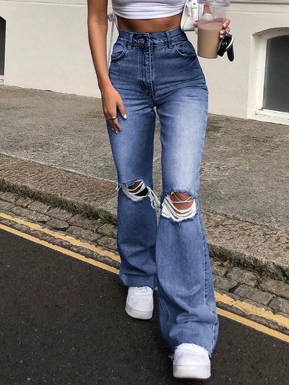 Wide-Leg Distressed Flared Jeans
