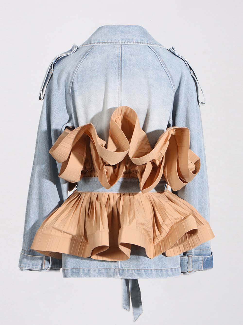 Stylish Color-Blocked Ruffled Pleated Denim Jacket with Lace-Up Detail