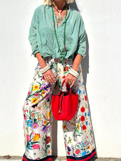 Floral Print Wide Leg Trousers with Elastic Waist and Pockets - Set