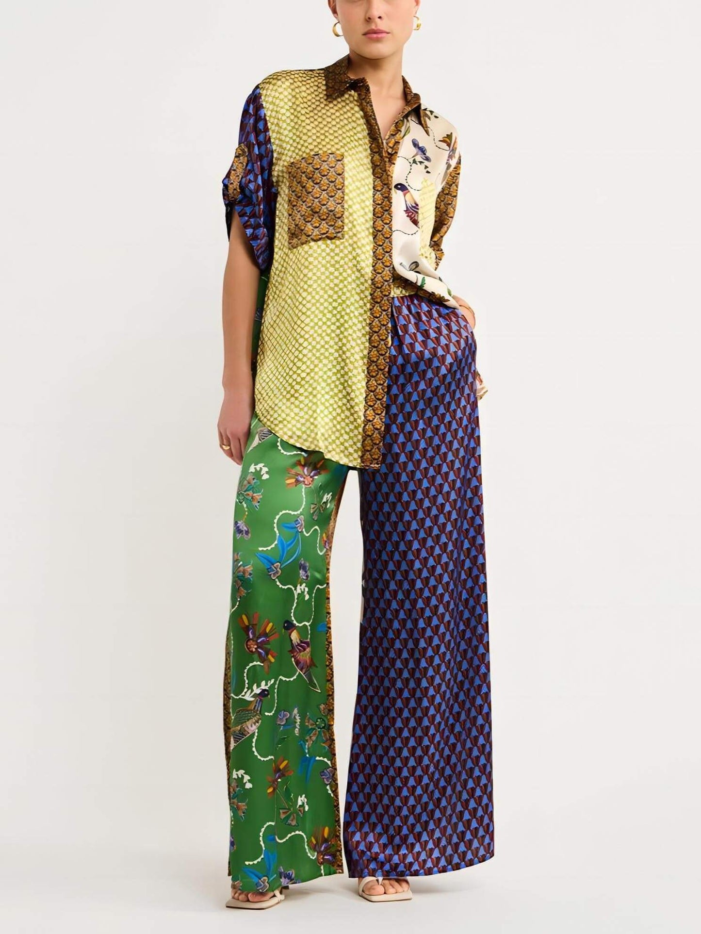 Bohemian-Inspired Loose Wide Leg Pants Set with Unique Folk Print
