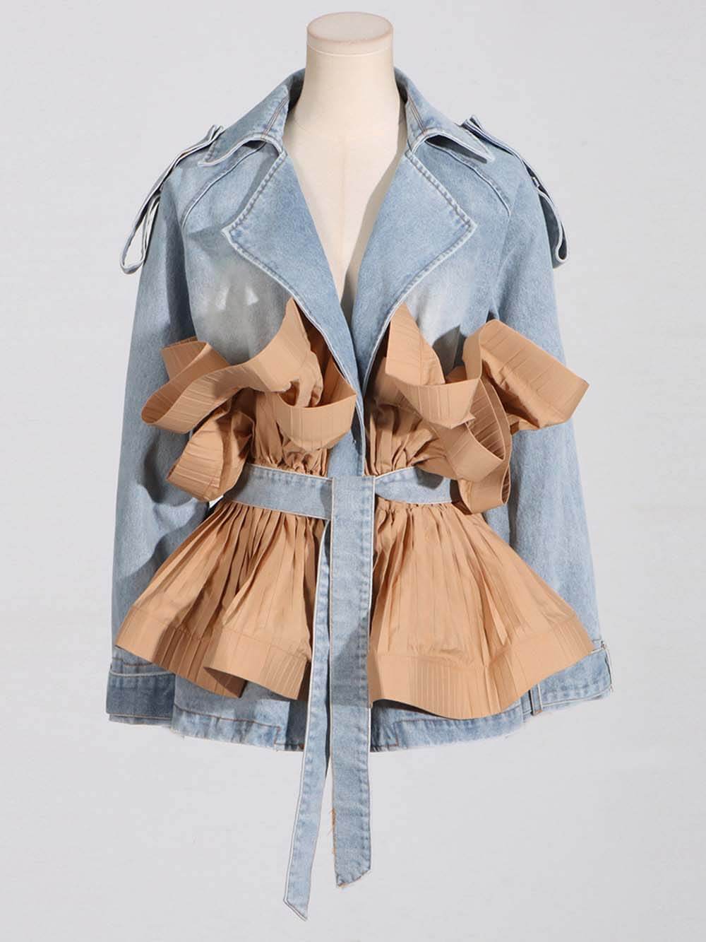 Stylish Color-Blocked Ruffled Pleated Denim Jacket with Lace-Up Detail