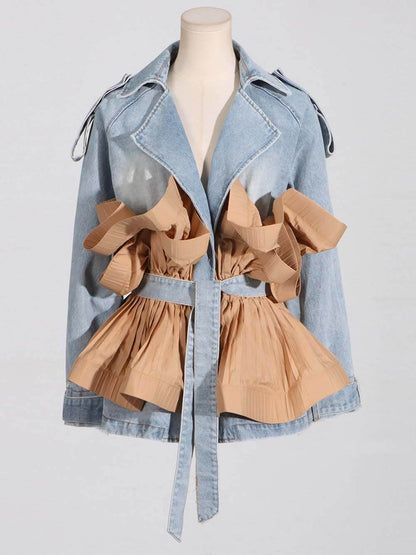 Stylish Color-Blocked Ruffled Pleated Denim Jacket with Lace-Up Detail